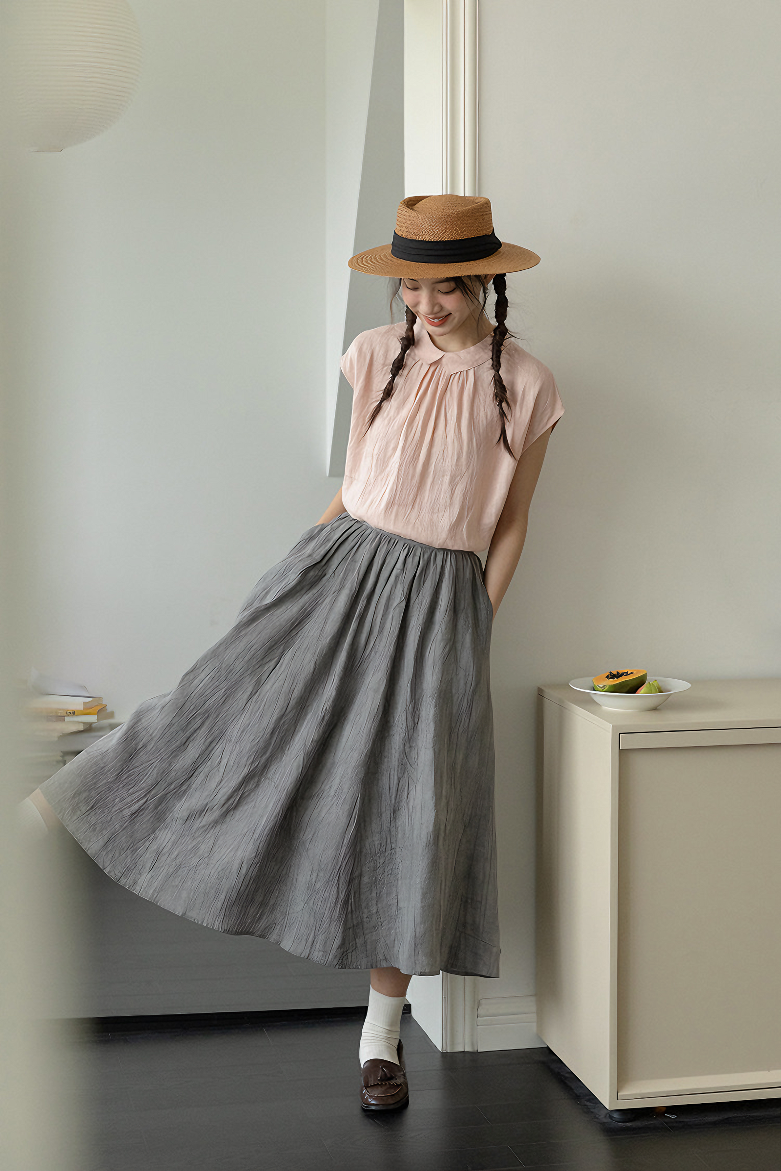 Elegant Tencel Linen A-Line Midi Skirt - Masion Chérie