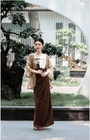 Song Dynasty Inspired Vintage Elegant Strapless Floral Top with Draped Brown Skirt Set - Masion Chérie