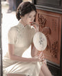 Elegant Embroidered Floral Cream Silk Cheongsam Dress - Masion Chérie