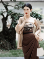 Song Dynasty Inspired Vintage Elegant Strapless Floral Top with Draped Brown Skirt Set - Masion Chérie