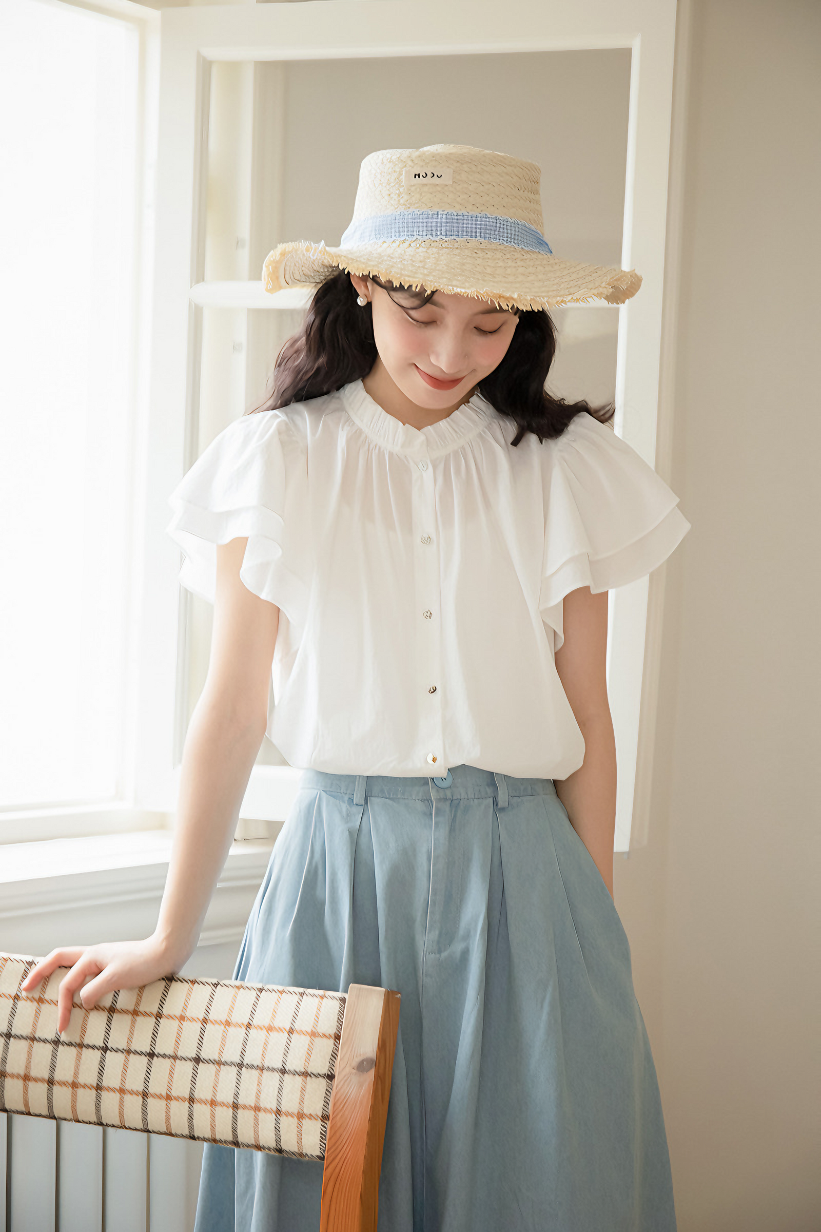 White Flutter Sleeve Button-Down Blouse - Masion Chérie