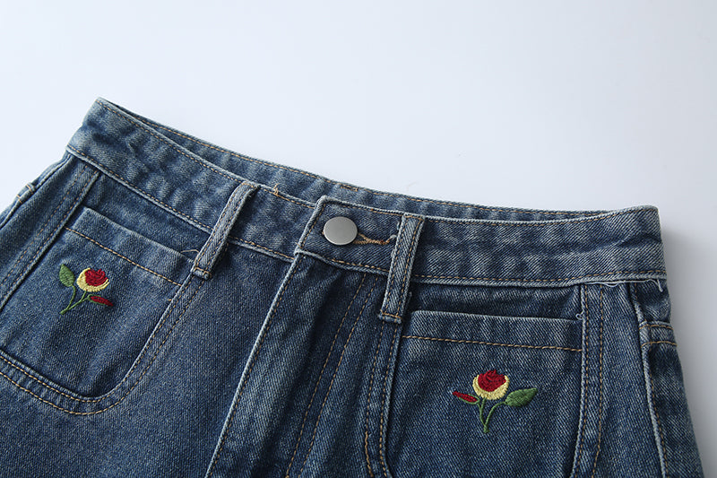 Vintage Floral Embroidered High-Waisted Denim Shorts - Masion Chérie