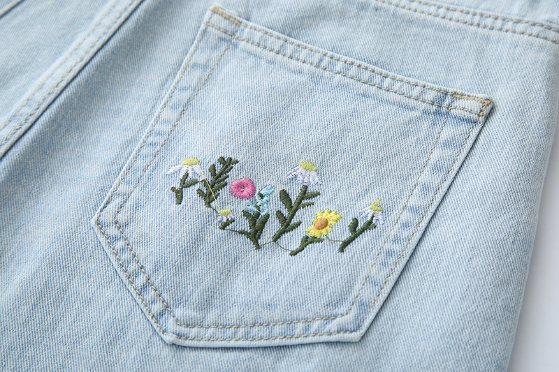 Light Blue Embroidered High-Waist Denim Shorts - Masion Chérie