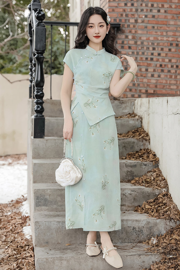 Elegant Mint Green Floral Print Cheongsam Set - Masion Chérie