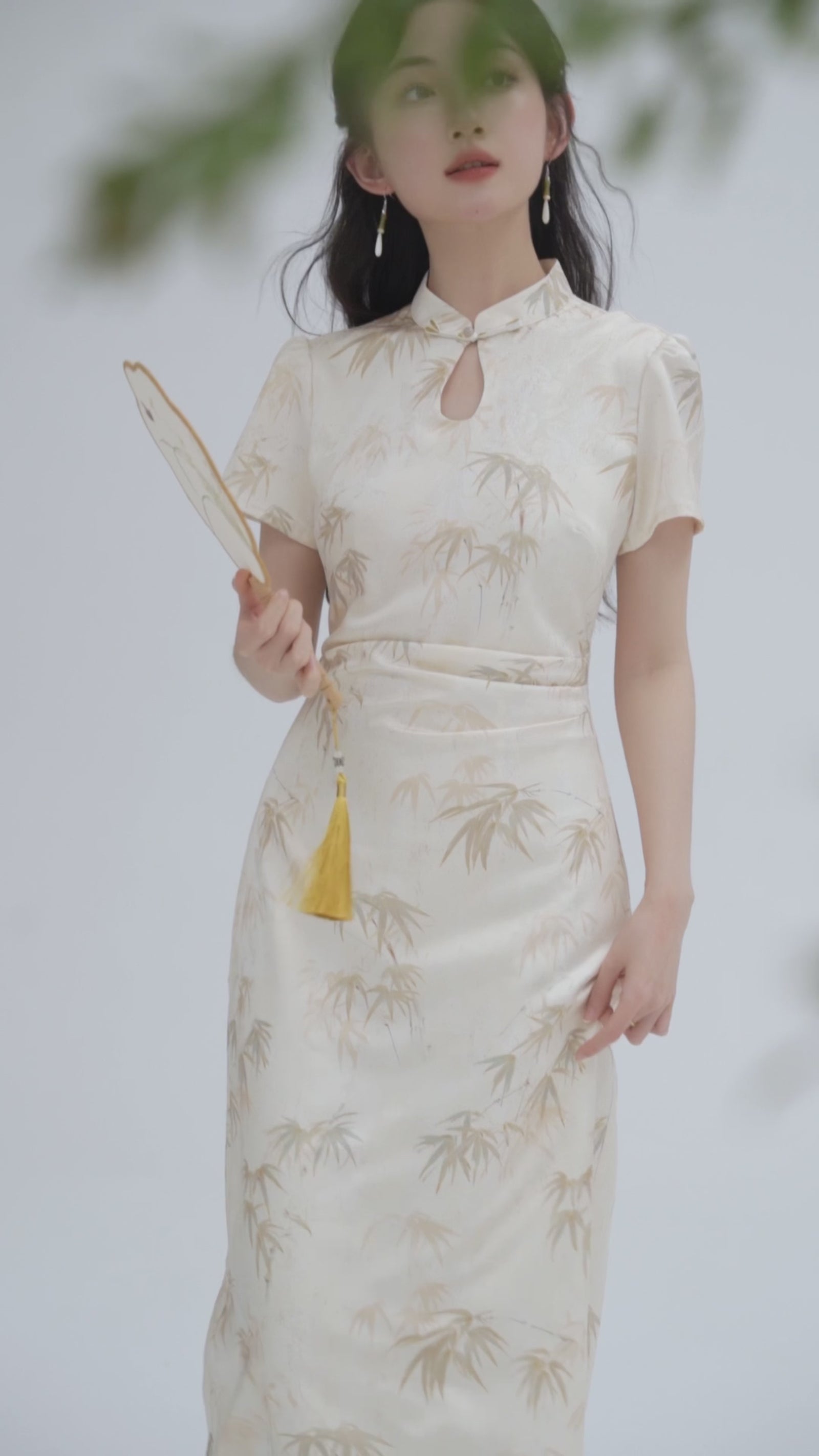 Elegant Bamboo Print Cheongsam Dress - Masion Chérie