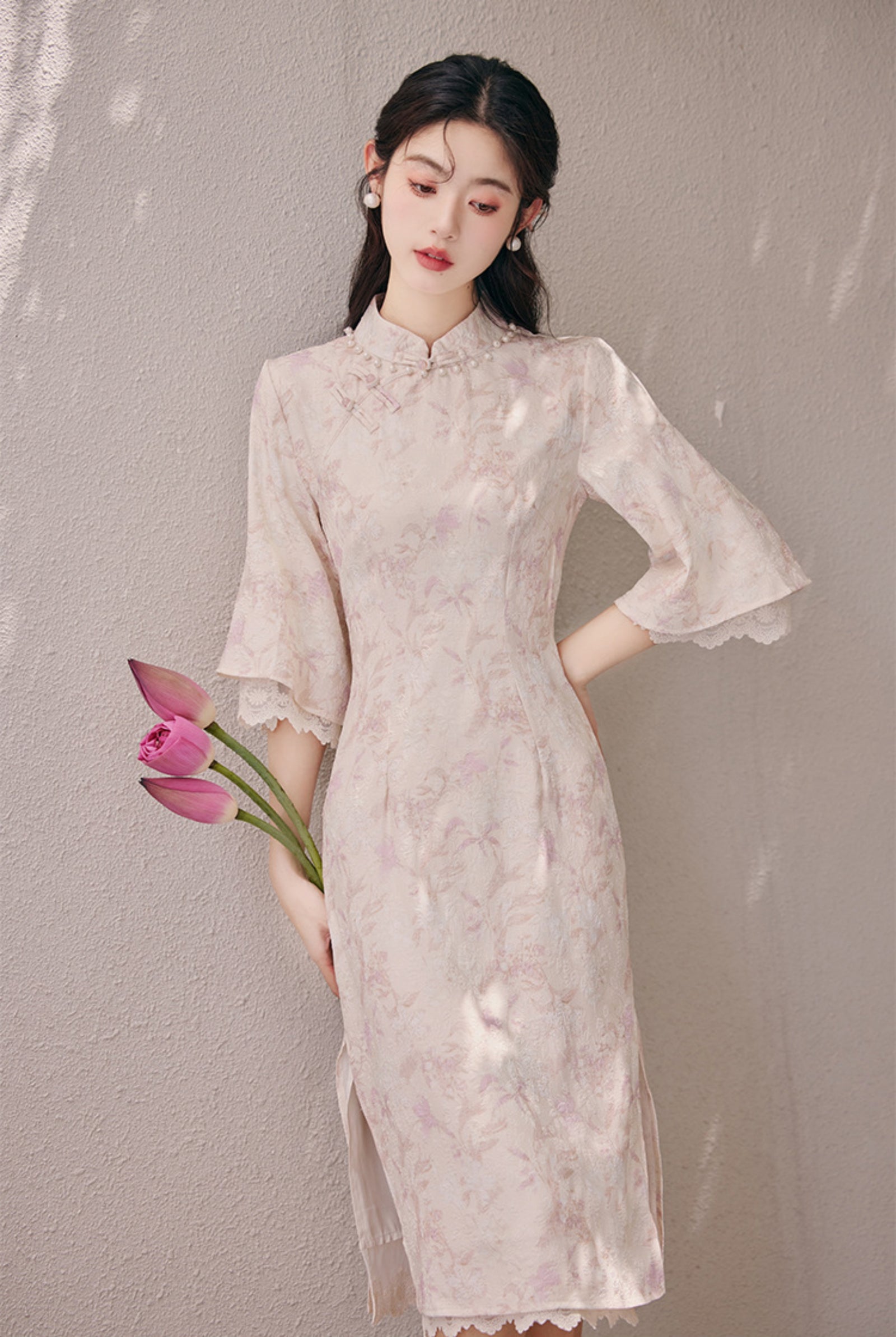 Delicate Pastel Floral Lace Cheongsam Dress